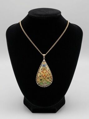 Vintage Hand-Painted Teardrop Pendant Necklace Reversible Bird Floral Horseback